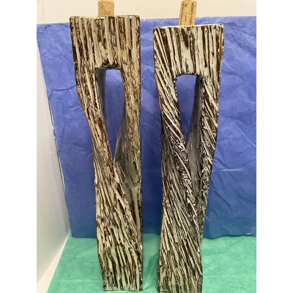 Handcrafted Hand carved wood twisted candleholders‎ Whitewashed Vintage 20